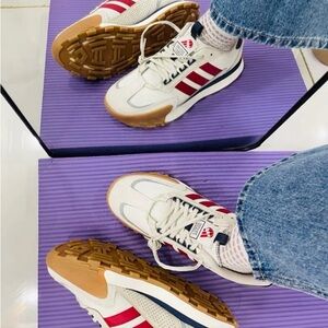 Adidas White and Red Trainers with Gum Sole